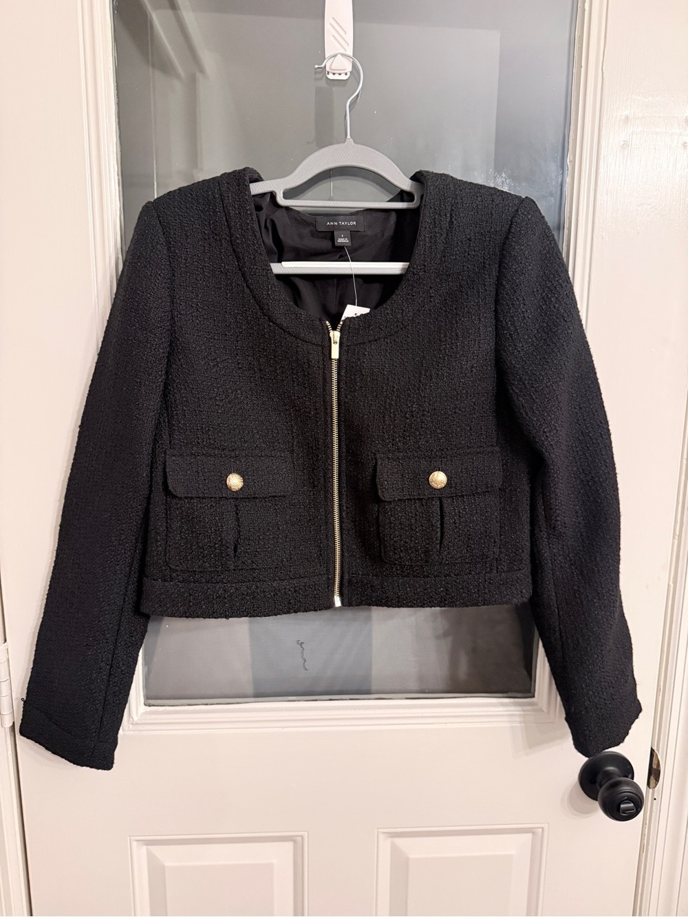 Ann Taylor Black Cropped Tweed Zip Jacket with Gold Buttons